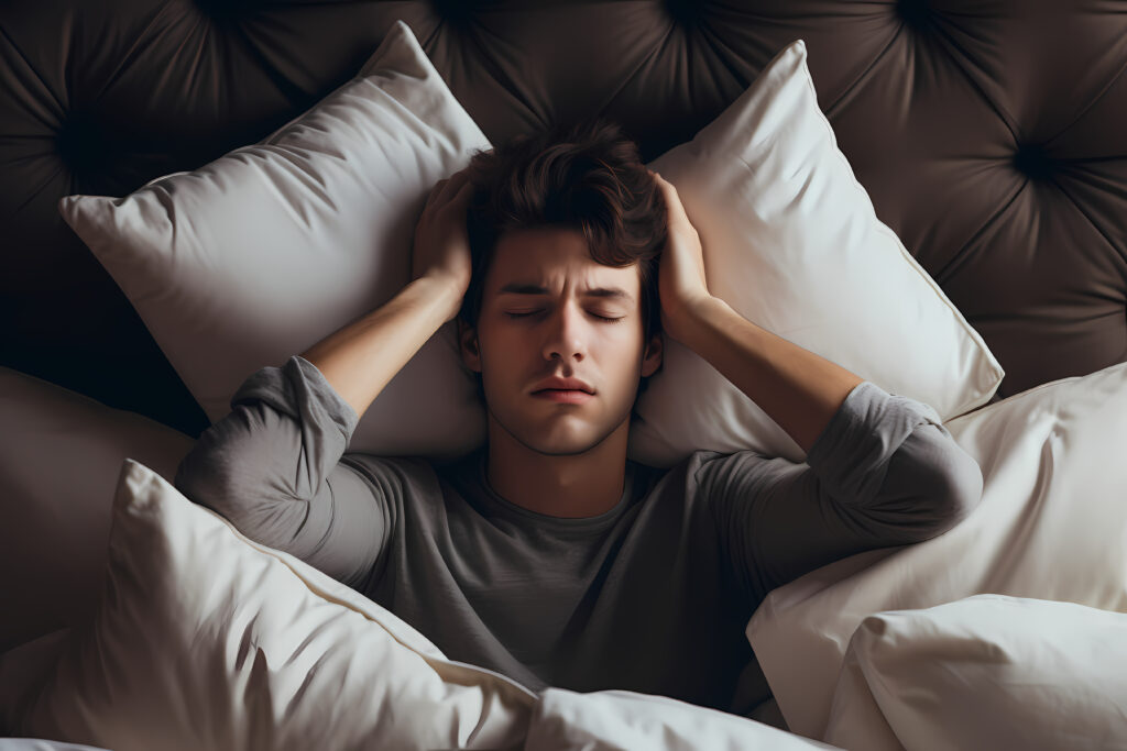homem com zumbido que não consegue dormir porque está irritado